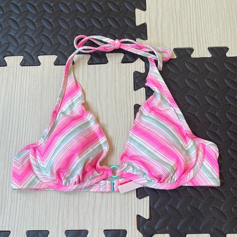 VICTORIA'S SECRET BEACH SEXY RUFFLE HALTER PINK MULTI BIKINI TOP  SIZE 34B